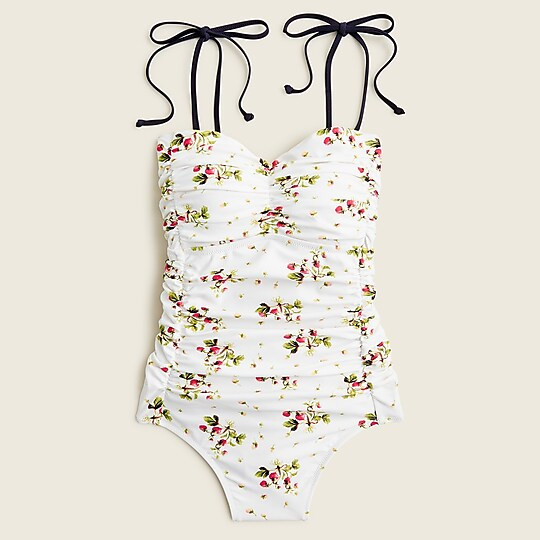 Ruched tie-shoulder one-piece in strawberry floral | J. Crew US