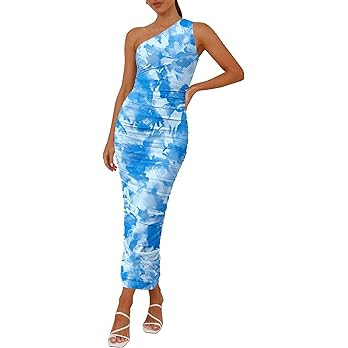 PRETTYGARDEN Women's One Shoulder Bodycon Dress Summer 2025 Printed Ruched Mesh Party Cocktail Fi... | Amazon (US)