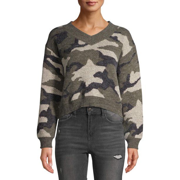 Dreamers by Debut Women's Camo Print V-Neck Sweater | Walmart (US)