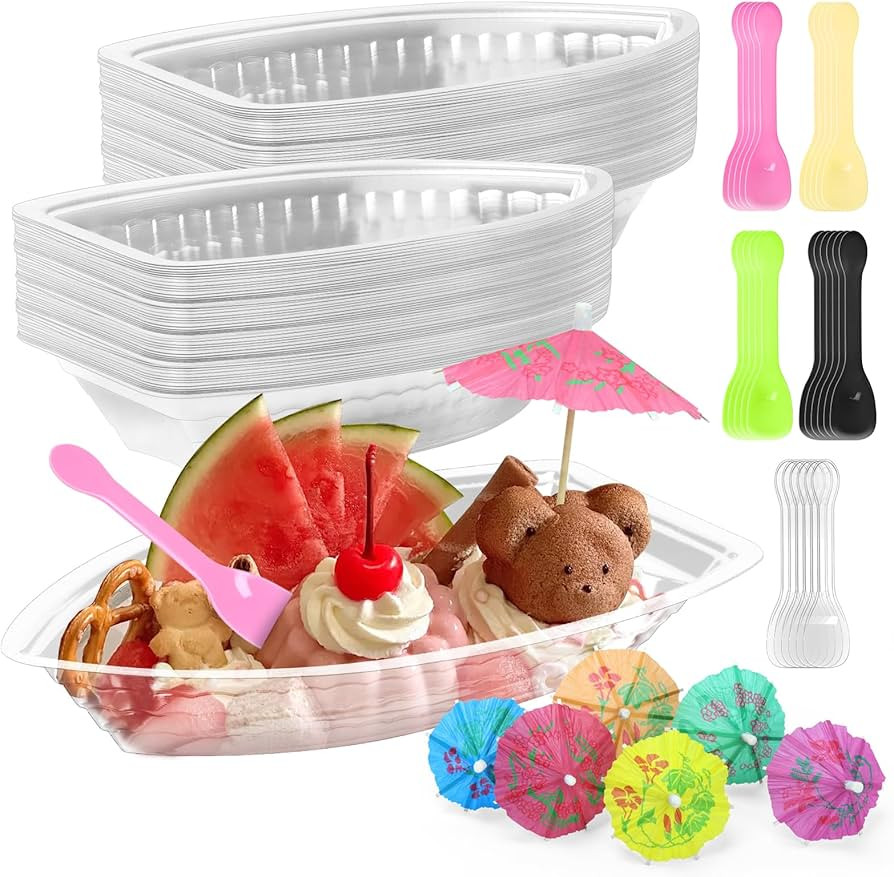 CZWESTC 50 Disposable Banana Split Boats with Plastic Spoons and Paper Umbrellas, Clear Plastic I... | Amazon (US)