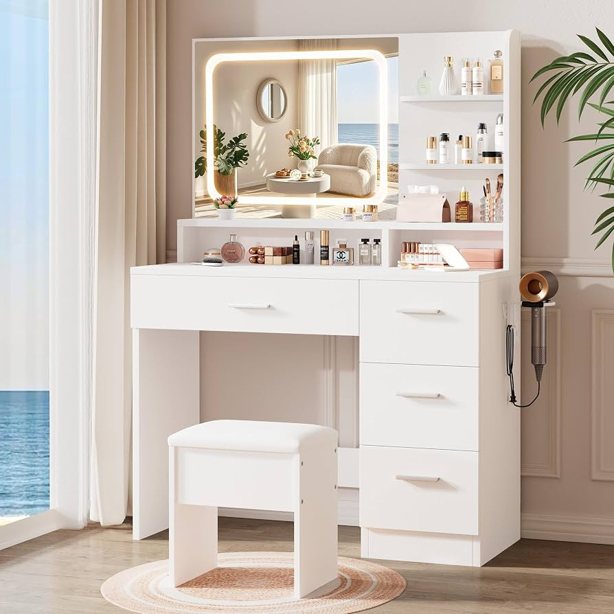 Makeup Vanity Desk Set, 35.4“Wx15.7”Dx53.9“H, White (Smart LED Mirror, with Cushion Stool, ... | Amazon (US)