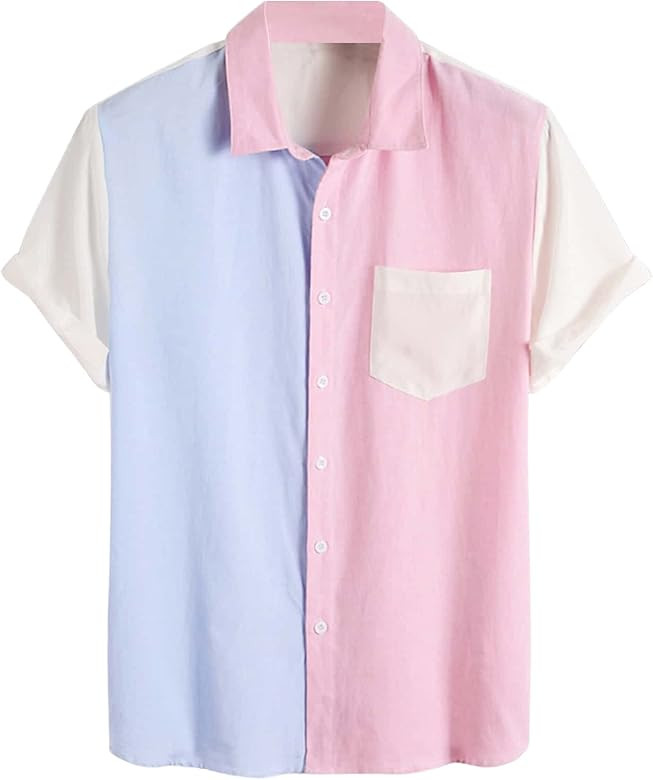 Romwe Men's Colorblock Short Sleeve Shirts Pocket Front Button Down Shirt Top | Amazon (US)