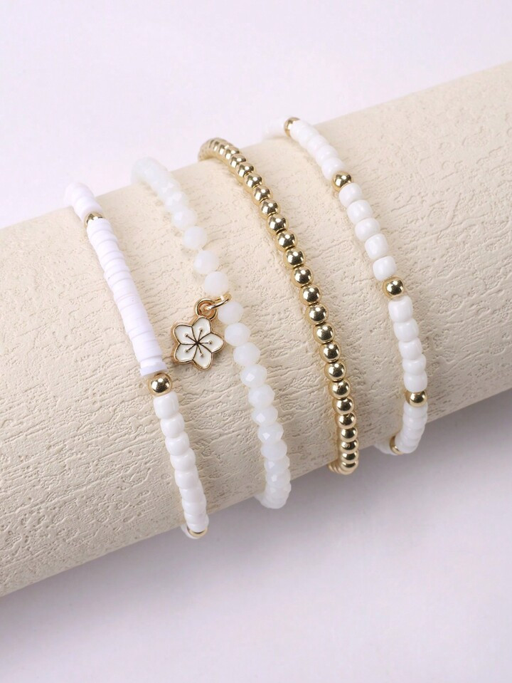 4pcs White Rice Bead Bracelet, Stylish And Simple Stretch Elastic Bracelet For Girls | SHEIN