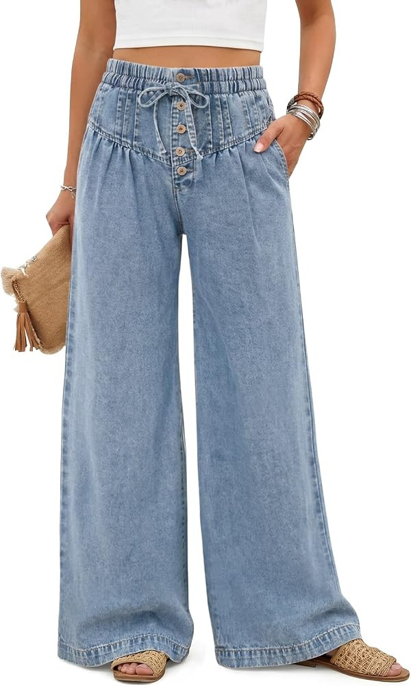 Tankaneo Womens Wide Leg Baggy Jeans Pleated Elastic High Waisted Drawstring Palazzo Denim Pants ... | Amazon (US)