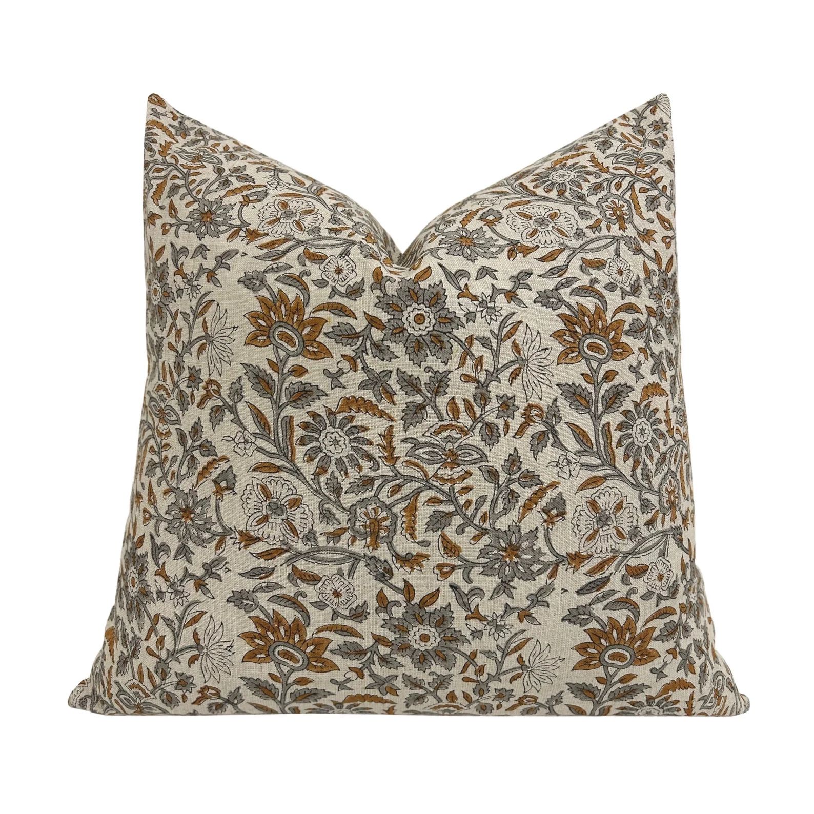 NAOMI Designer Floral Linen Pillow Cover, Brown and Gray Floral Pillow Cover, Block Print Linen P... | Etsy (US)