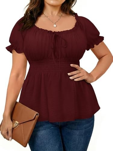Beautife Womens Plus Size Tops Square Neck Puff Short Sleeve Blouse Ruffle Babydoll Peplum Smocke... | Amazon (US)