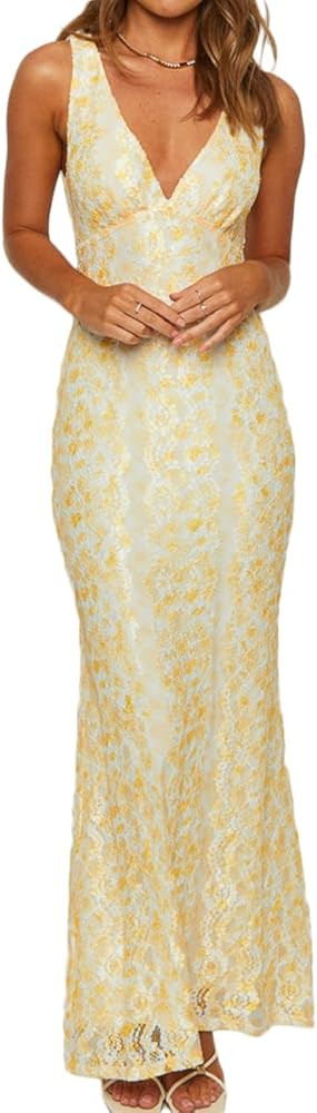 Elegant Lace Floral V Neck Backless Bodycon Dresses for Women Sexy Cut Out Low Back Sleeveless Ma... | Amazon (US)