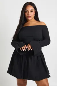 Plus Puff Ball Flared Sleeve Bardot Mini Dress | boohoo (US & Canada)
