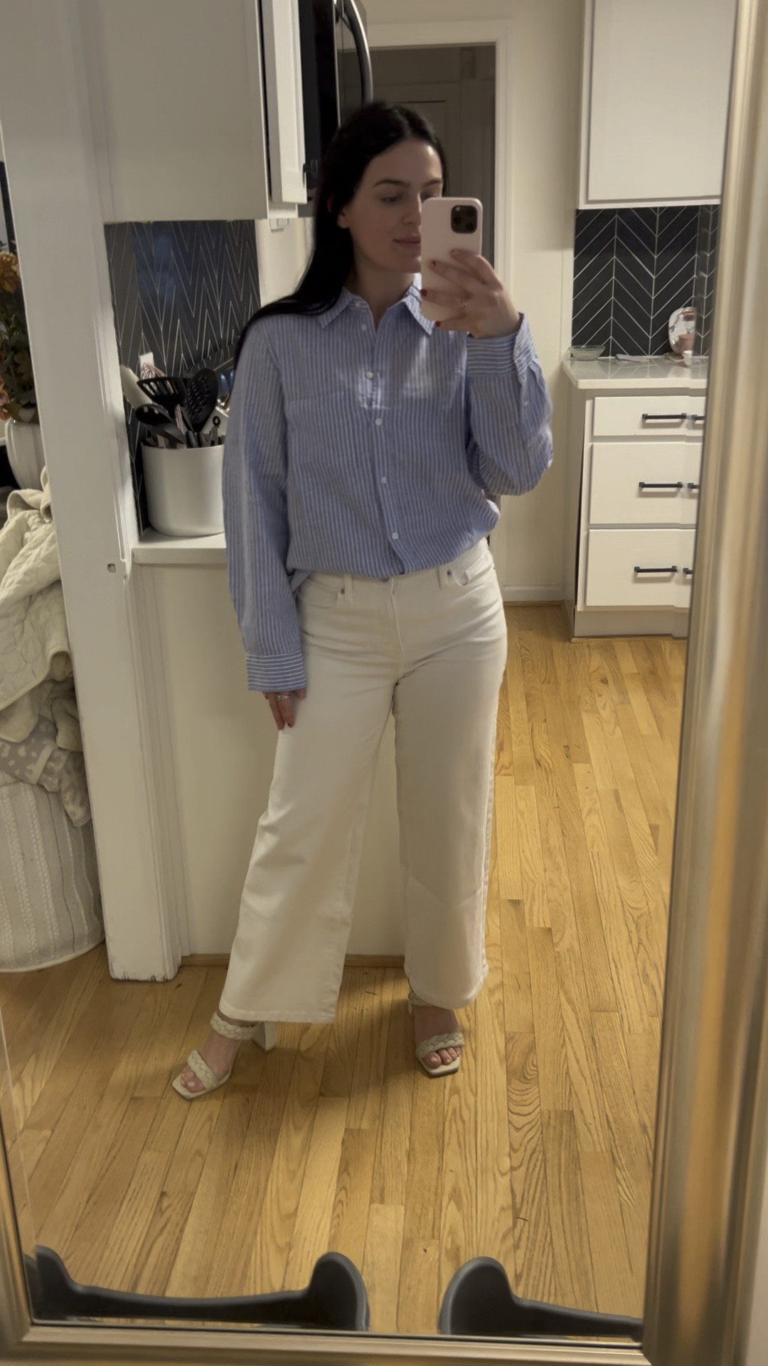Super cute business casual look for spring in the office! Blue/white striped linen shirt with high rise wide leg white jeans! I got a size 27 petite.

#LTKSeasonal #LTKVideo #LTKworkwear