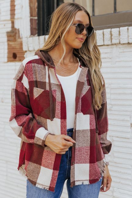 Double The Fun Wine Plaid Hooded Flannel Shacket | Magnolia Boutique