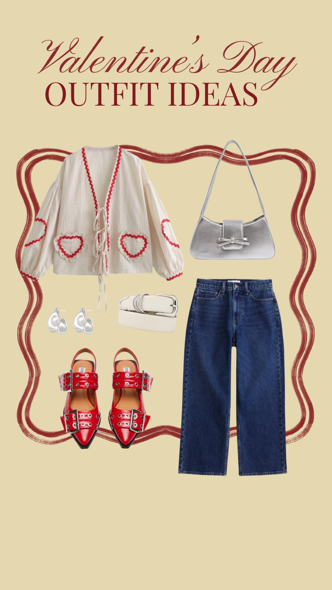 Semi-Casual Valentine’s Day Outfit Idea
.
Dressy Valentine’s Day outfit, embroidered heart outfit idea, pink outfit inspo, red outfit inspiration, burgundy outfit , silver metallic accessories, buckle flats, shiny purse, chunky earrings 

#LTKFindsUnder100 #LTKStyleTip #LTKHoliday