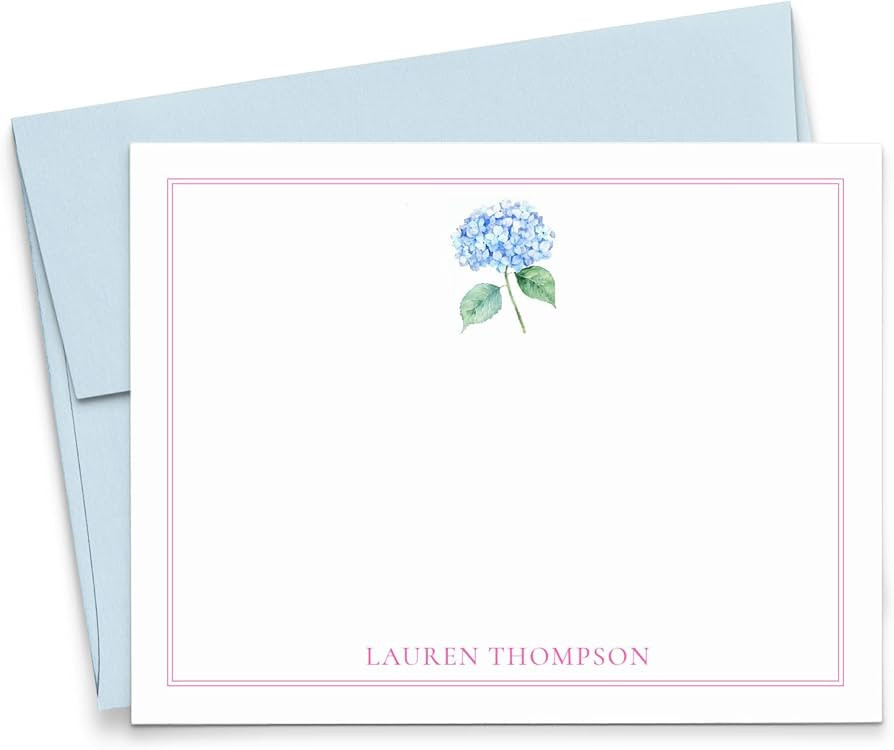 Personalized Hydrangea Stationery Cards And Envelopes Set, FLAT Watercolor Flower Cards With Name... | Amazon (US)