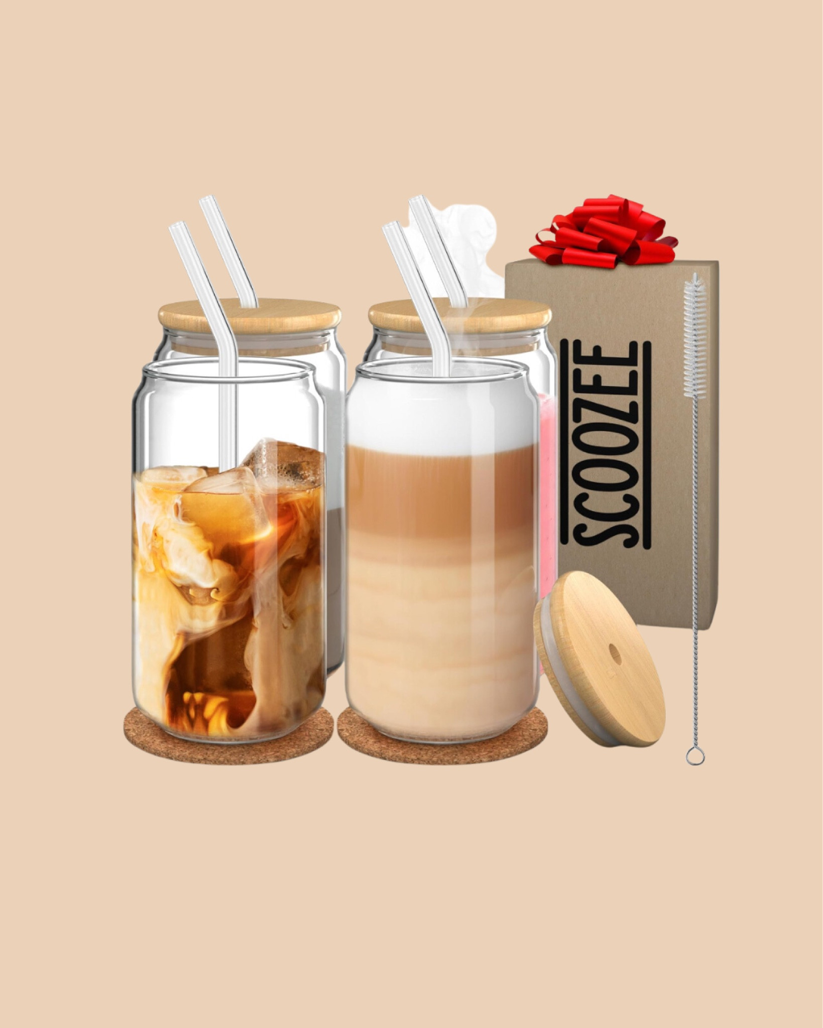 Glass Cups with Bamboo Lids and Straws

