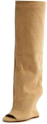 Yishaweiqi Camel Suede Knee High Boots for Women Pull On Peep Toe Wedge Boots Open Toe Summer Boo... | Amazon (US)