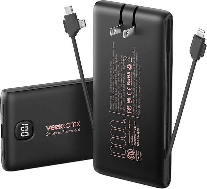 Portable Charger Power Bank Built in Cables and Wall Plug, 10000mAh iPhone Battery Pack Fast Char... | Amazon (US)