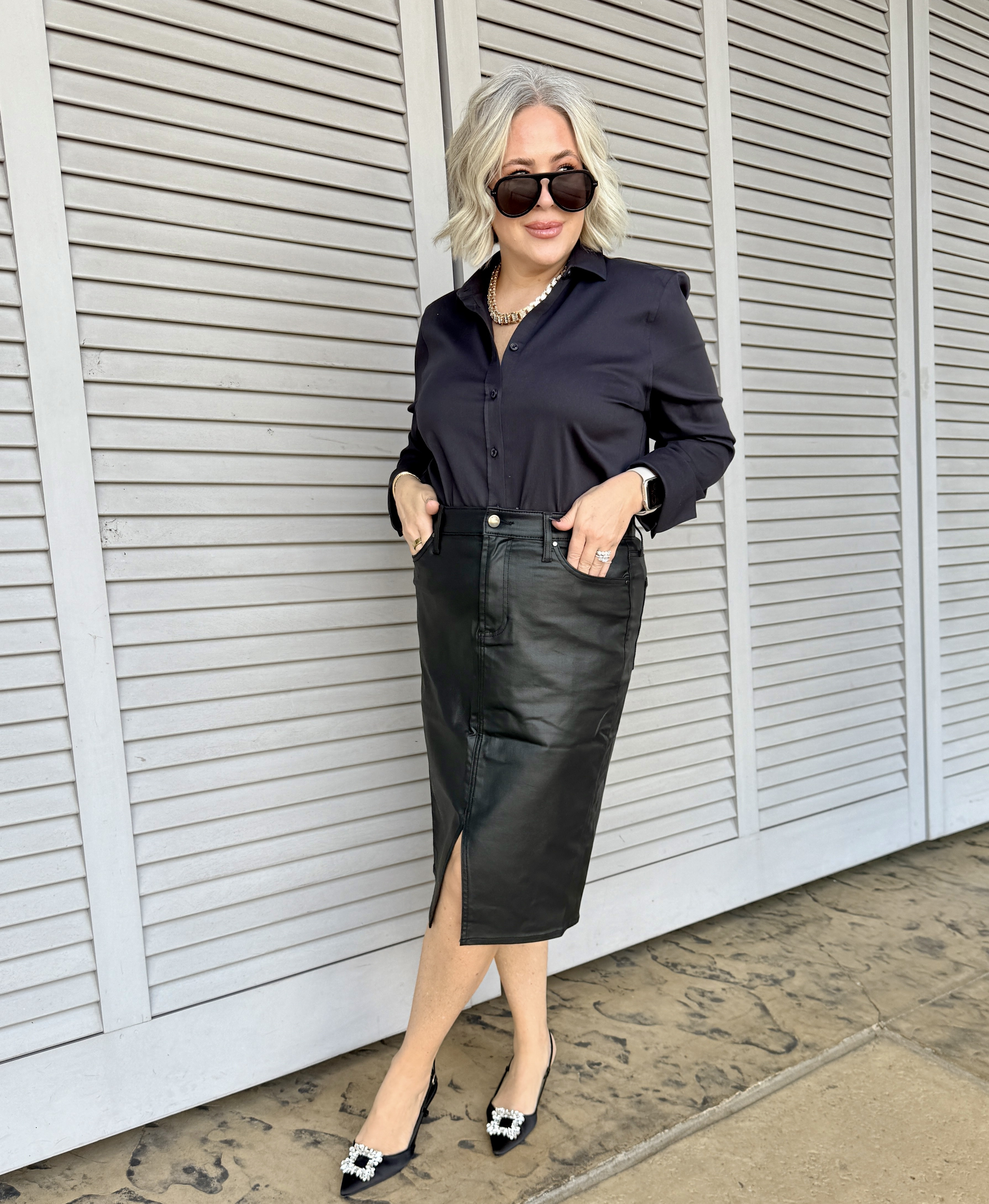 Chicos no iron button up in black is so chic paired with the faux leather skirt size 1 
Great Thanksgiving outfits  

#LTKCyberWeek #LTKHoliday #LTKGiftGuide