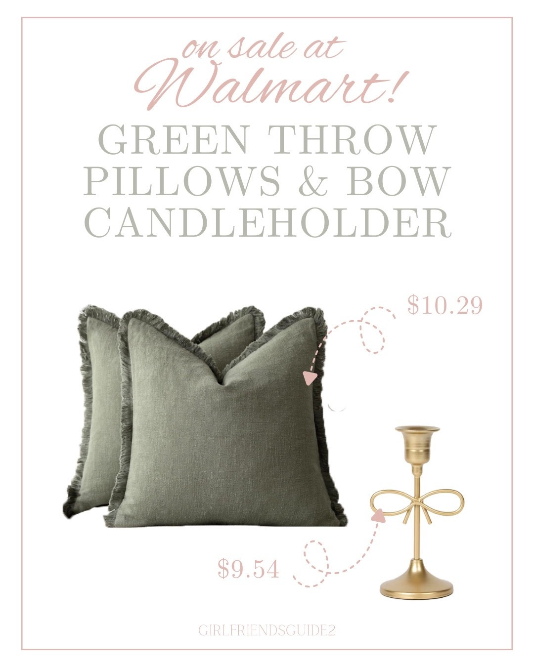 Green throw pillows and gold bow candleholder at Walmart 
#throwpillows #candleholder #walmart 

#LTKHome #LTKSaleAlert