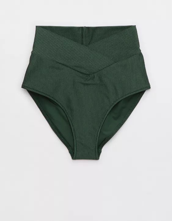 Aerie Shine Rib Crossover High Waisted Bikini Bottom | Aerie