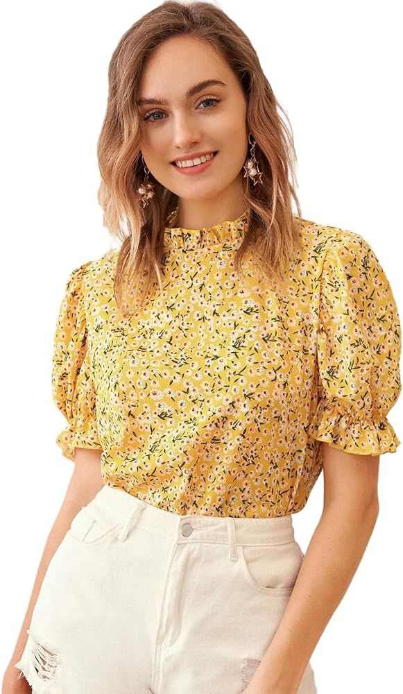 Romwe Women's Floral Print Ruffle Puff Short Sleeve Casual Blouse Tops | Amazon (US)