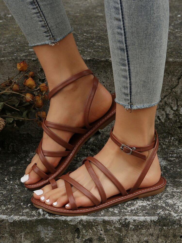 Women Cross Strap Toe Post Ankle Strap Flat Sandals, Fashion Brown Thong Sandals | SHEIN