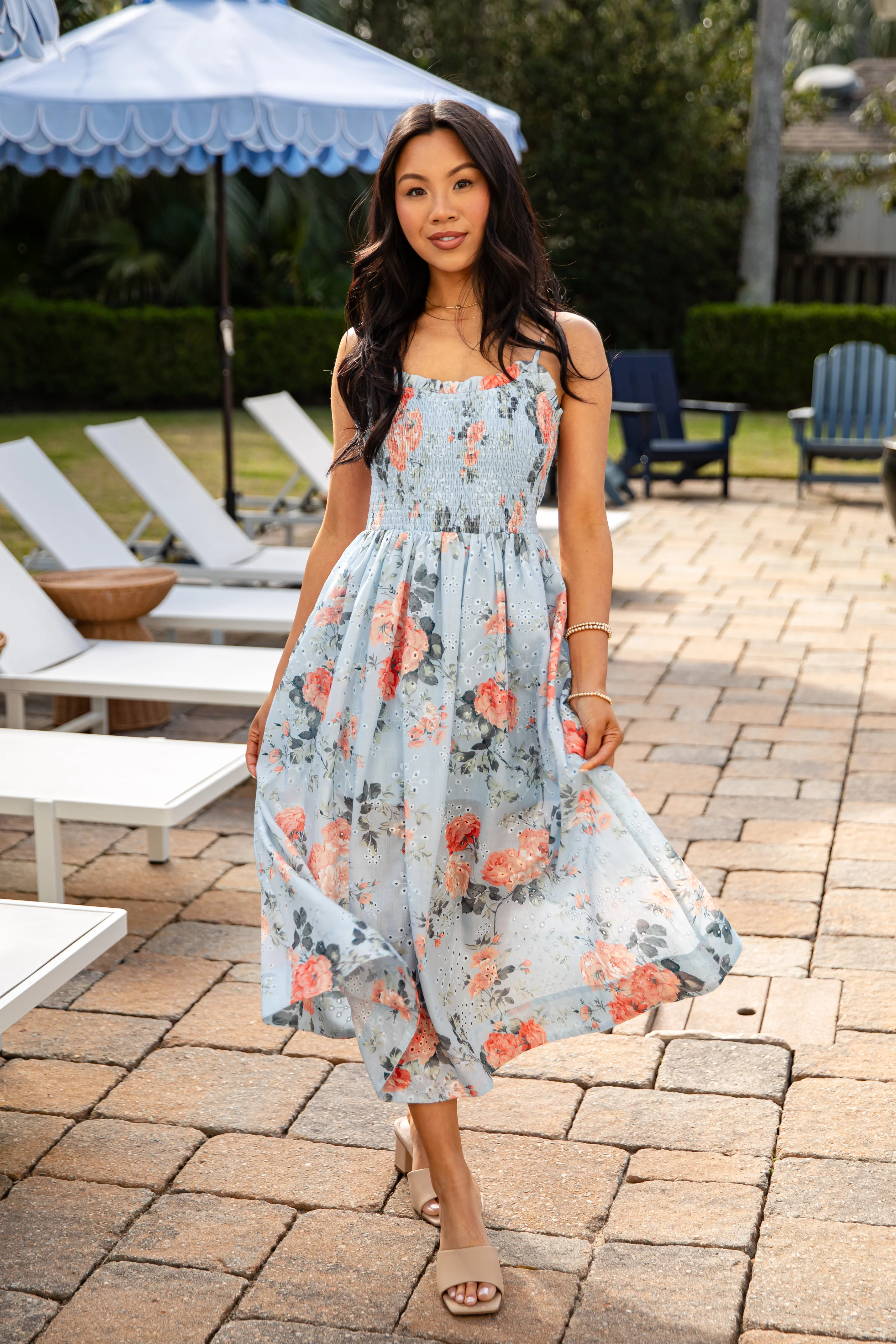 Trendy Blue Floral Smocked Midi Dress | Women's Dress | ShopDressUp | Dress Up
