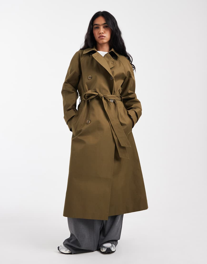 ASOS DESIGN longline water repellent trench coat in khaki-Green | ASOS (Global)