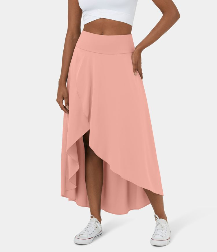 Breezeful™ High Waisted High Low Ruffle 2-in-1 Flowy Quick Dry Casual Regular Maxi Skirt | HALARA