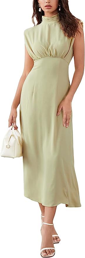 WDIRARA Women's Ruched Sleeveless Flared High Neck Shoulder Pad A Line High Waist Midi Dress | Amazon (US)