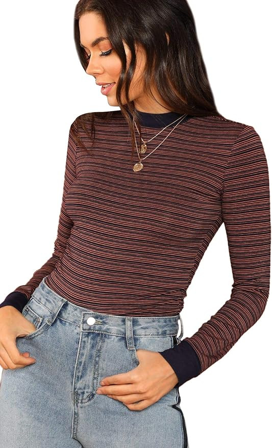 SheIn Women's Casual Mock Neck Striped Tee Tops Long Sleeve Slim Fit T-Shirts | Amazon (US)