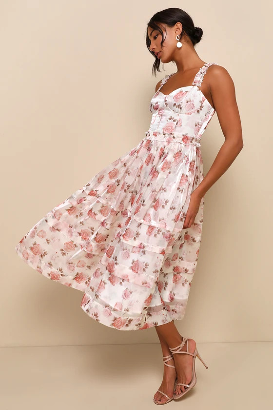 Sincerely Enchanting Ivory Floral Print Organza Midi Dress | Lulus