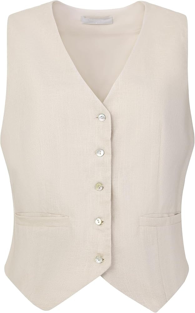 Women's Linen Vest Sleeveless Button Down V Neck Formal Business Waistcoat | Amazon (US)