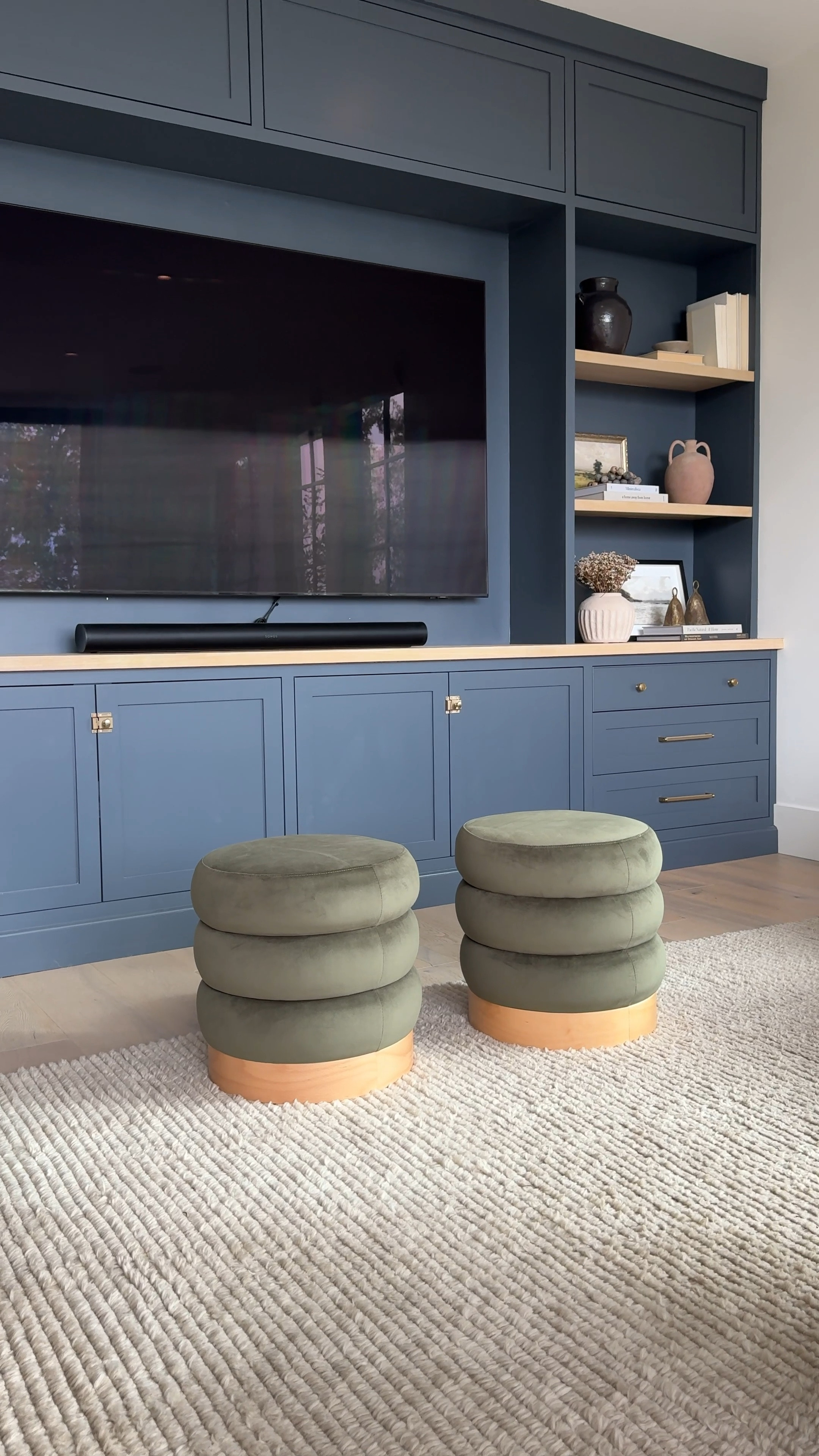 Cutest ottomans on sale this week with target circle. So unique and elegant green ottoman, neutral rug, vase, black vase, white books, beads bills, flowers target mcgee vintage amber interiors Jenni Kayne 
#LTKxTarget 

#LTKVideo #LTKhome