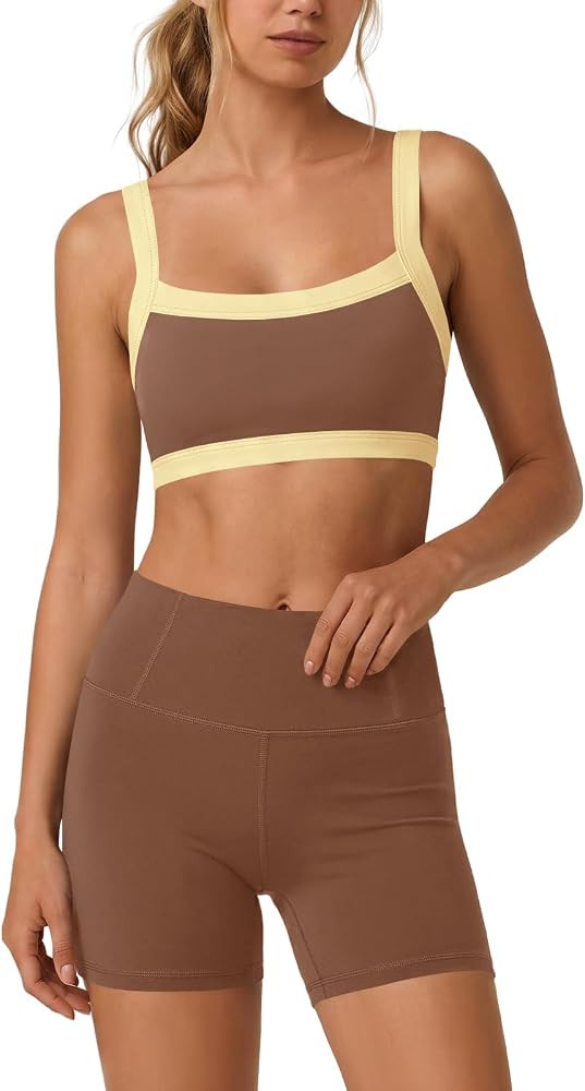 Yanekop Womens Workout Sets Color Block Padded Sports Bra Biker Short Set | Amazon (US)
