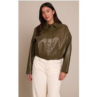 Khaki Faux Leather Covered Placket Bomber Jacket | PrettyLittleThing UK