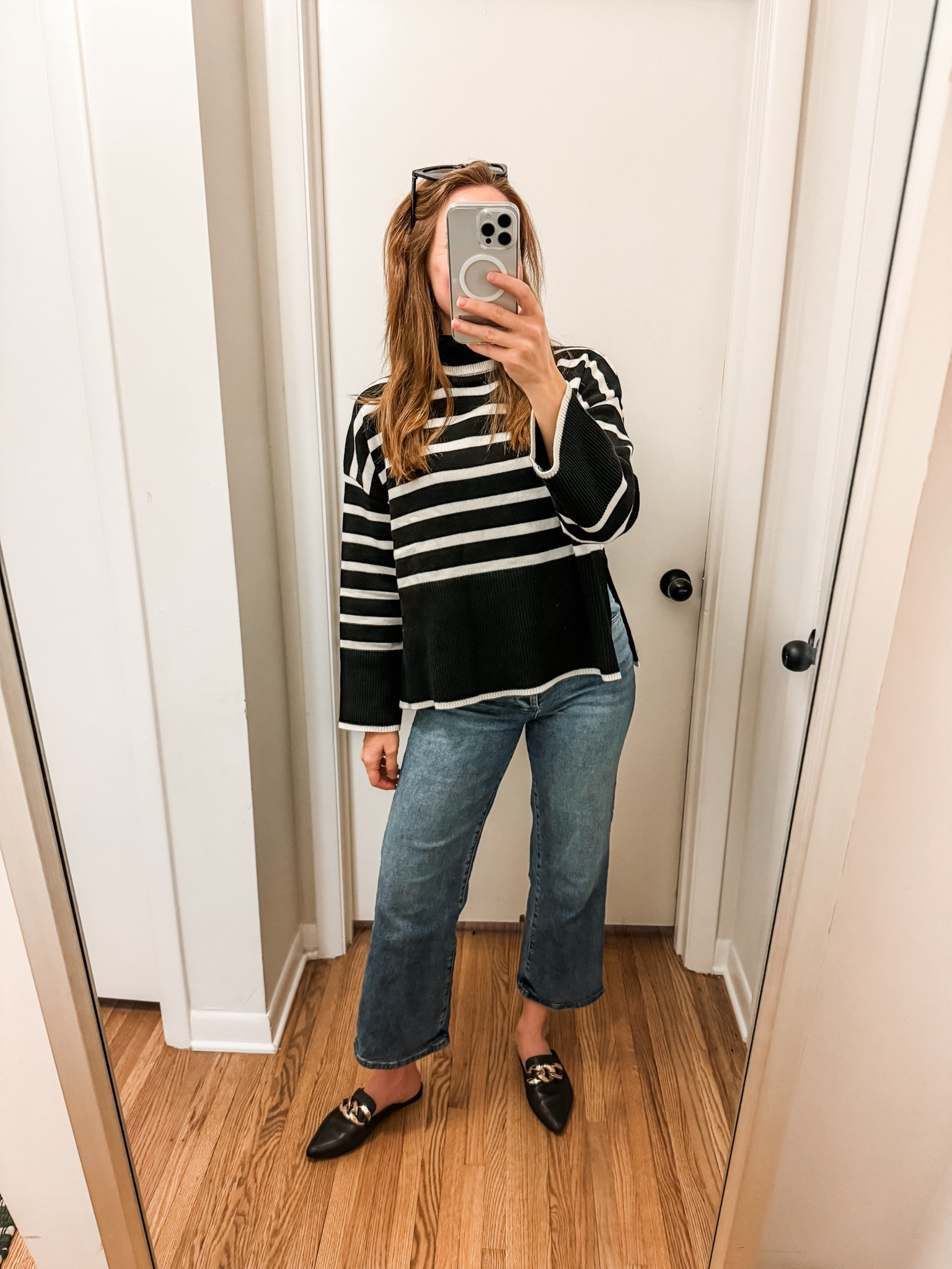 Toteme style, Amazon budget // striped sweater // winter to spring transitional outfit, toteme sweater dupe, spring capsule, winter capsule, womens fashion, wide leg denim, mules 