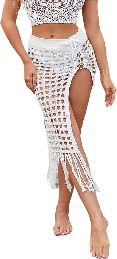 Women Sexy Hollow Out Mesh Tassle Skirts Beach Cover Up Summer Fish Net Swimsuit Wrap Sheer Maxi Sar | Amazon (US)
