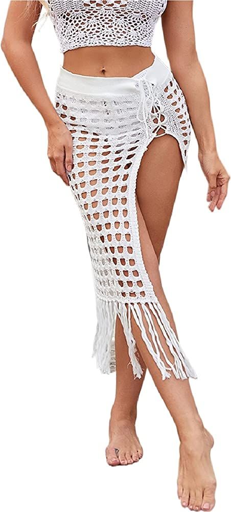 Women Sexy Hollow Out Mesh Tassle Skirts Beach Cover Up Summer Fish Net Swimsuit Wrap Sheer Maxi Sar | Amazon (US)
