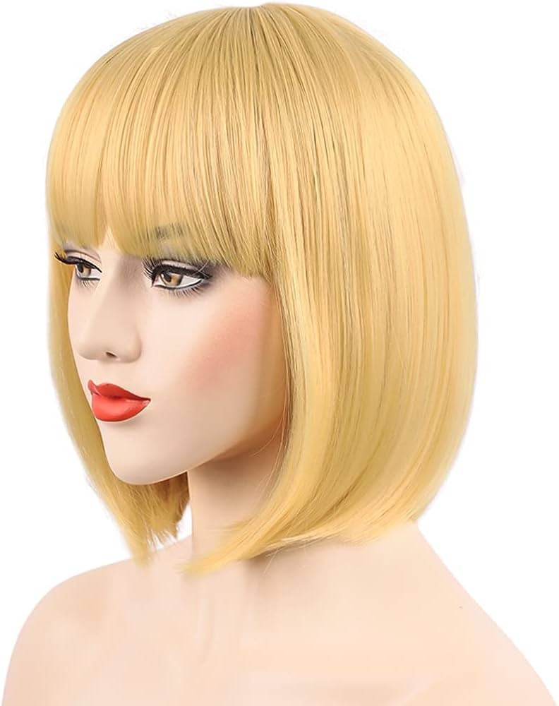 Blonde Wig with Bangs - 12 Inch Bob Wigs for Women, Natural Look Short Wigs with Bangs, Super Sof... | Amazon (US)