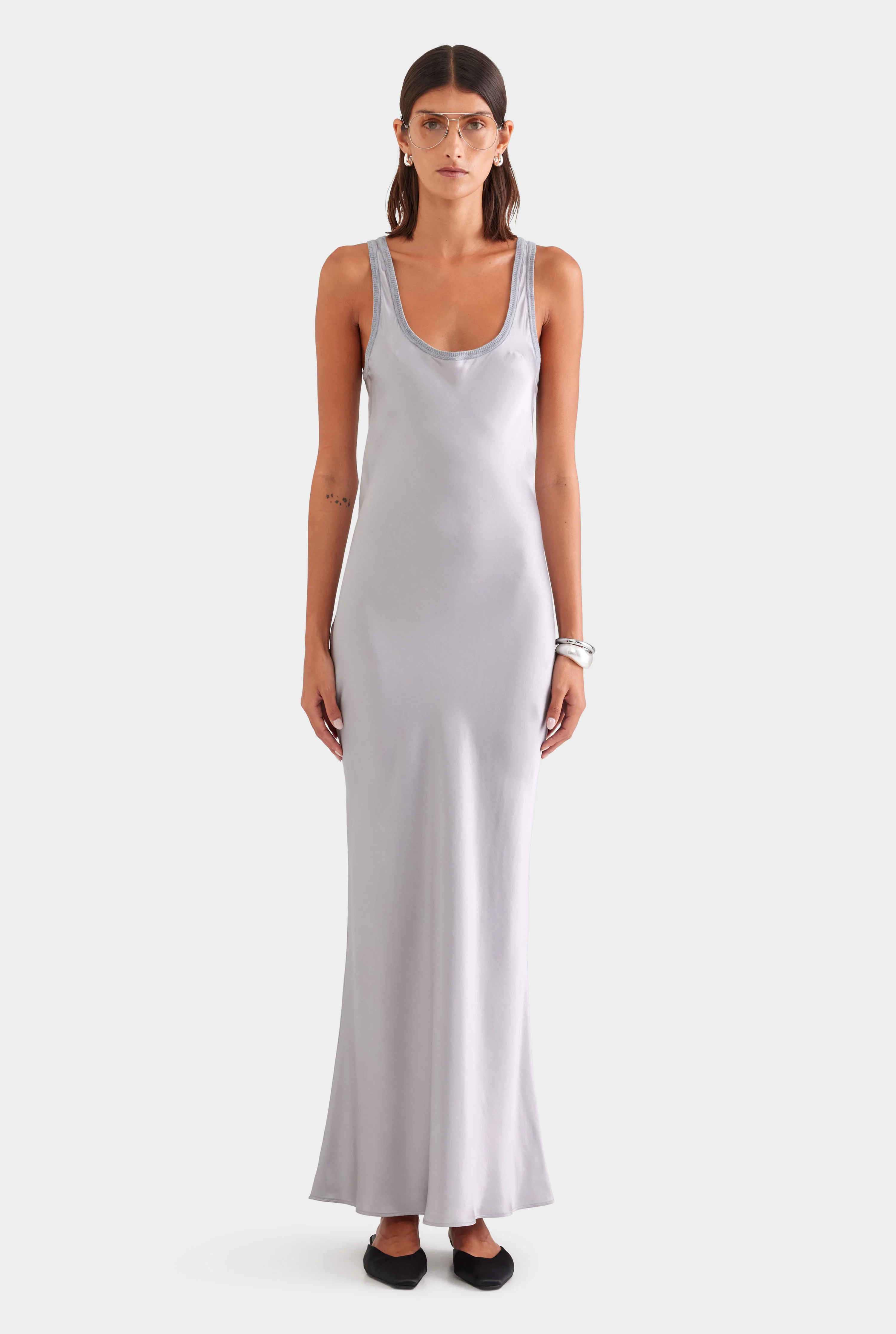 Bias Satin Tank Dress Silver/Grey Marl | Venroy | Venroy AU