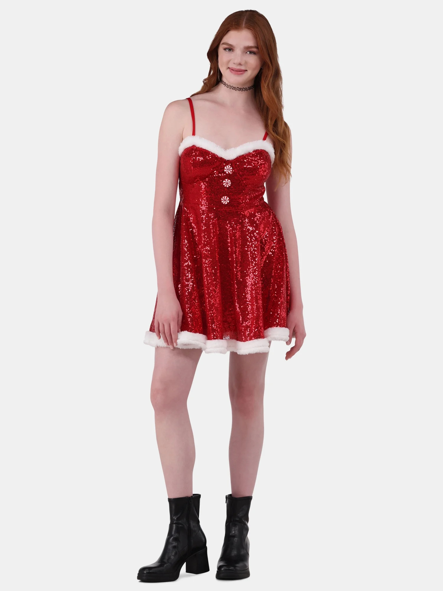 No Boundaries Santa Mini Dress with Faux-Fur Trim, Women’s and Women’s Plus | Walmart (US)