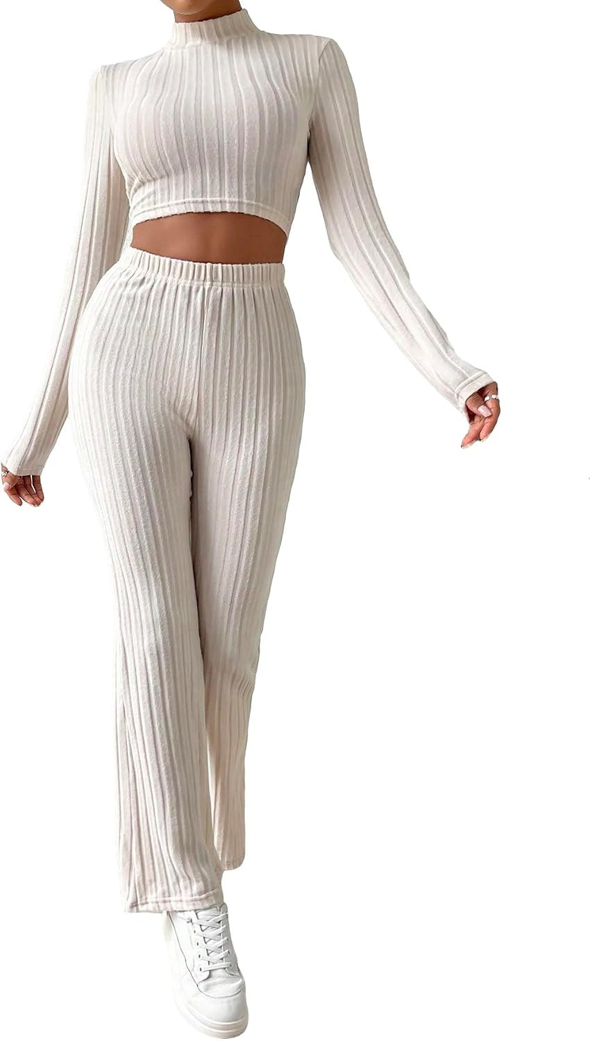 BEAUDRM Women's 2 Piece Outfit Casual Ribbed Long Sleeve Crop Tee Top and Wide Leg Pants Sets Out... | Amazon (US)