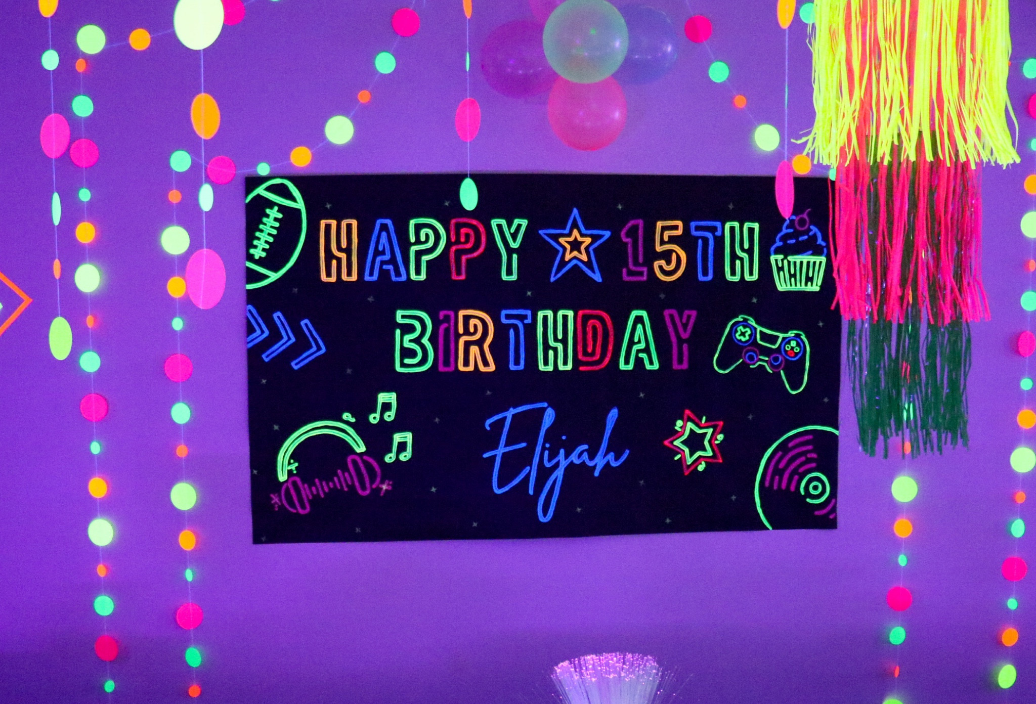 DIY Birthday banner and make it glow with neon paint.

#LTKHome #LTKFamily #LTKParties