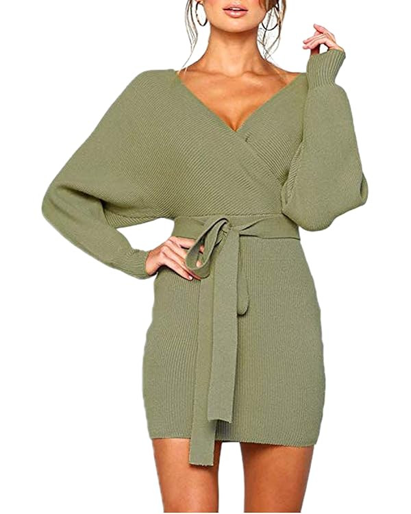 Mansy Women's Sexy Cocktail Batwing Long Sleeve Backless Mock Wrap Knit Sweater Mini Dress | Amazon (US)