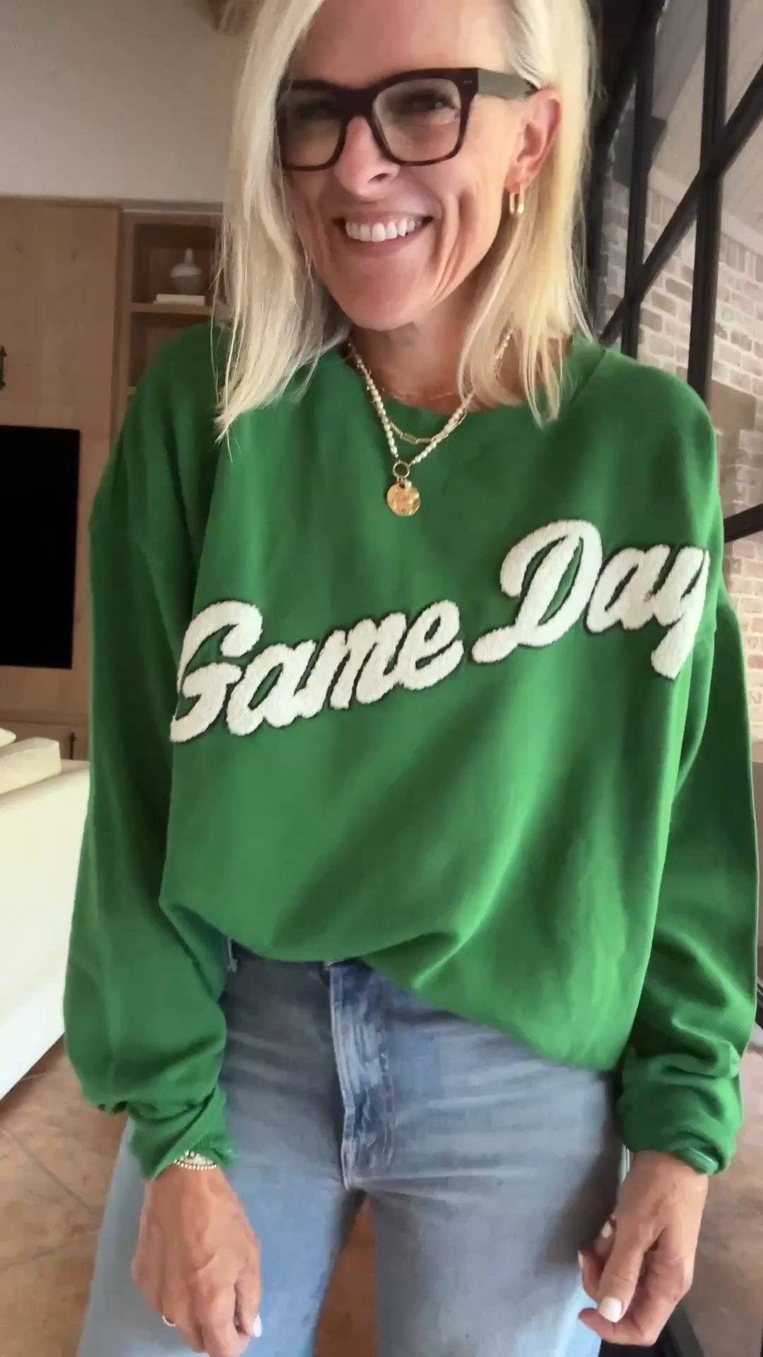 This GAME DAY sweatshirt has been a big favorite over the last few days 
Comes in four colors, one of them is red, which would’ve made more sense for me probably but I do love the emerald green 

I sized up one size 2 a medium because I wanted an oversized fit, this will work over leggings as well.

Perfect item to watch your favorite team ! 

Black top - sized up one size
Colette denim - TTS 
@anthropologoe #anthropartner 

#LTKSeasonal #LTKOver40 #LTKU