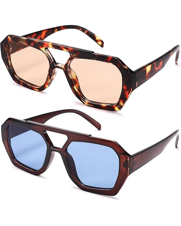 Hycredi Retro Aviator Sunglasses for Women Men, Trendy Hexagonal Thick Frame Shades Square Double... | Amazon (US)