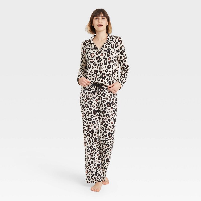 Women&#39;s Leopard Print Beautifully Soft Long Sleeve Notch Collar Top and Pants Pajama Set - St... | Target