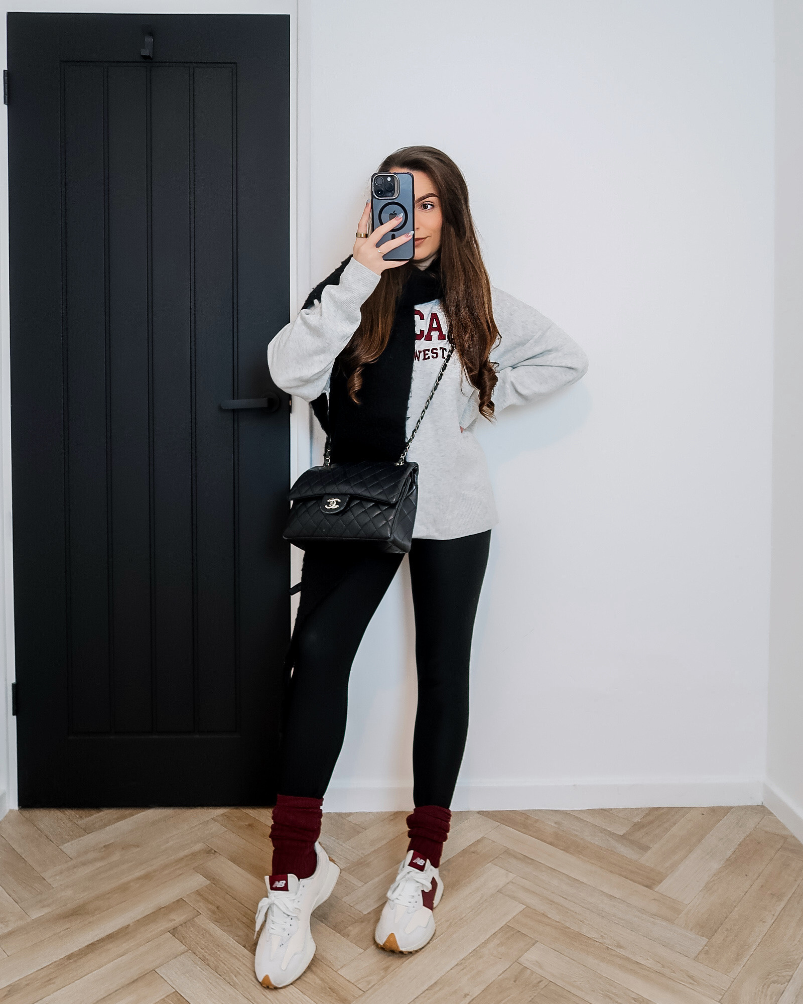 grey and burgundy sweatshirt outfit, Chicago sweatshirt outfit, fleece leggings outfit, burgundy trainers outfit, New Balance burgundy trainers, casual winter outfit, cold weather layers, cosy midweek outfit, realistic everyday outfit, layered winter look, casual chic style, Chanel bag casual outfit, black wool scarf outfit, winter errand outfit, work from home outfit 

#LTKuk #LTKeurope #LTKwinter