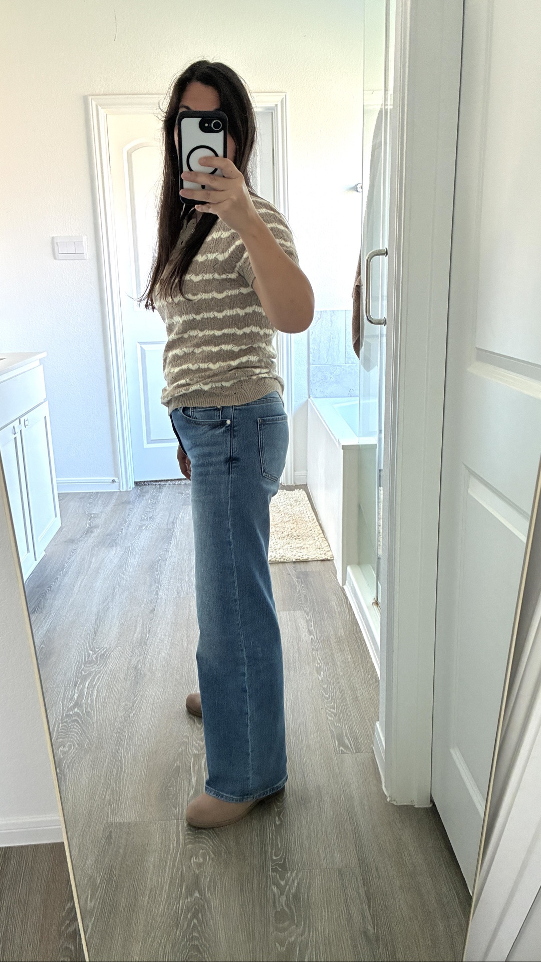 I love this striped sweater with buttons in the front. The sweater colors are classic and it is super leightweight. These jeans have been on my wishlist and I am happy to report they feel as good as others have said. They tuck in where they should and are stretchy and comfy in all the right places. I am 5 ft 3in and the short fits well.

#LTKootd #LTKPetite