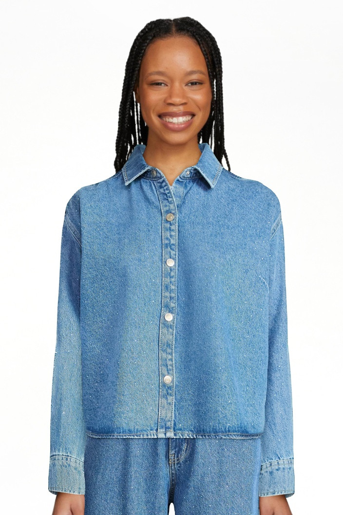 Scoop Women’s Rhinestone Embellished Cotton Denim Shirt with Long Sleeves, Sizes XS-4X | Walmart (US)