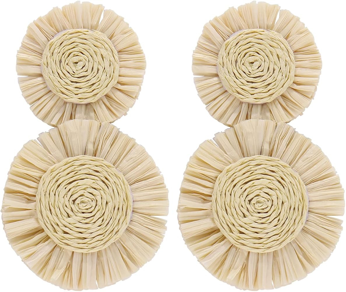 Statement Round Earrings Raffia Palm Bohemian Drop Dangle Earrings for women | Amazon (US)